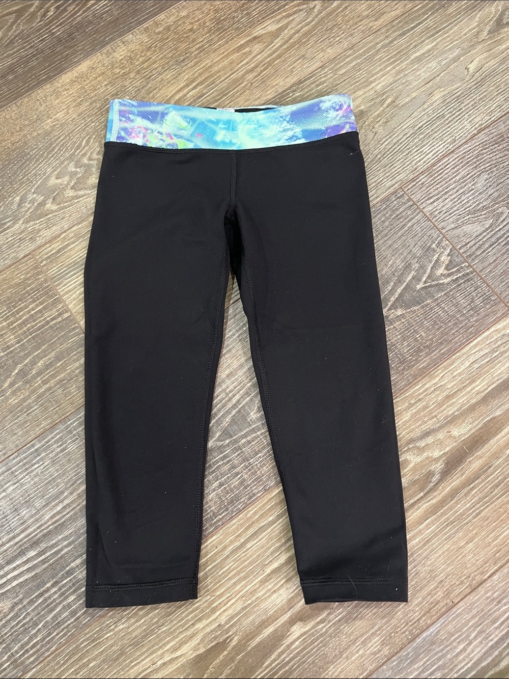 Ivivva Black Capri Leggings with Blue and Purple Print Waistband